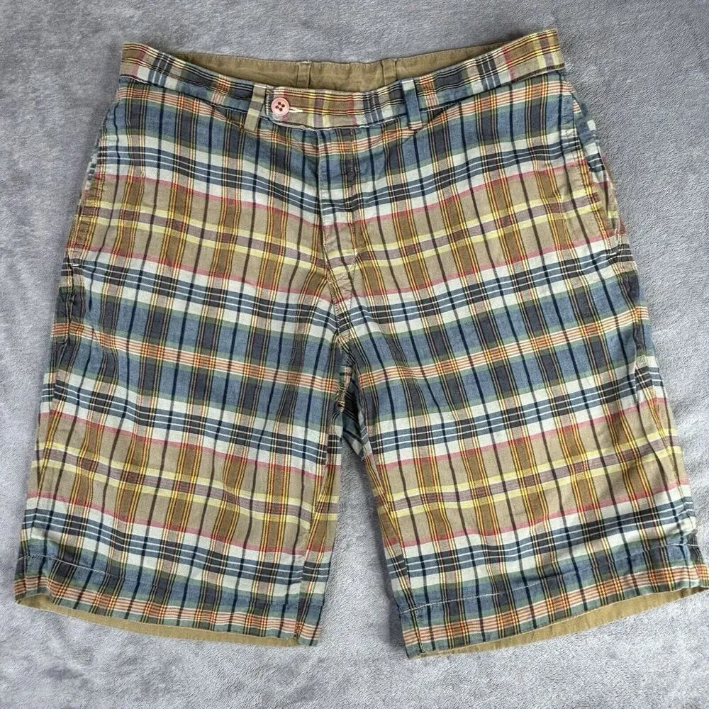 Polo Ralph Lauren Reversible Shorts Men 32x10 Brown Blue Plaid /‎ Khaki Cotton